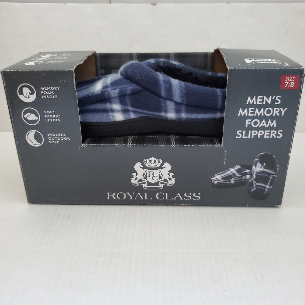 Isotoner Memory Foam Slippers Blue Plaid 7/8